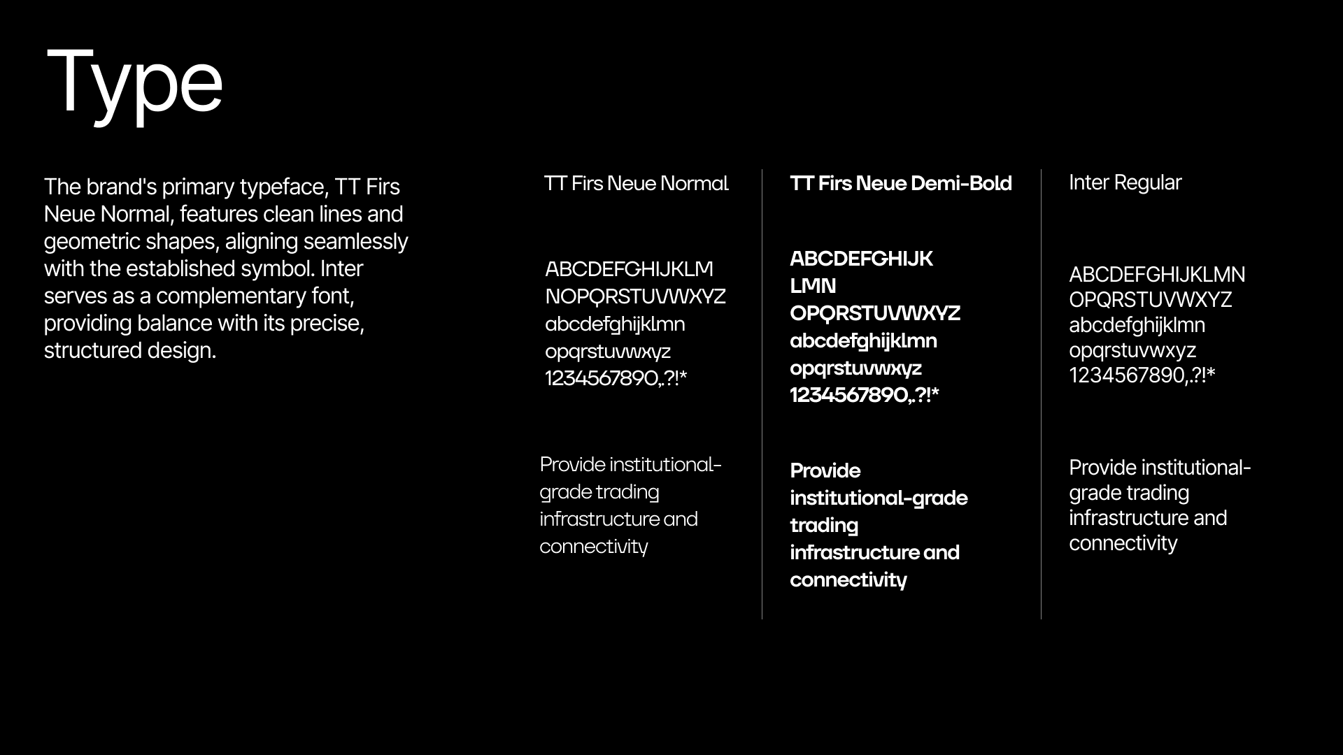 Tivoli Trading typography: TT Firs Neue and Inter